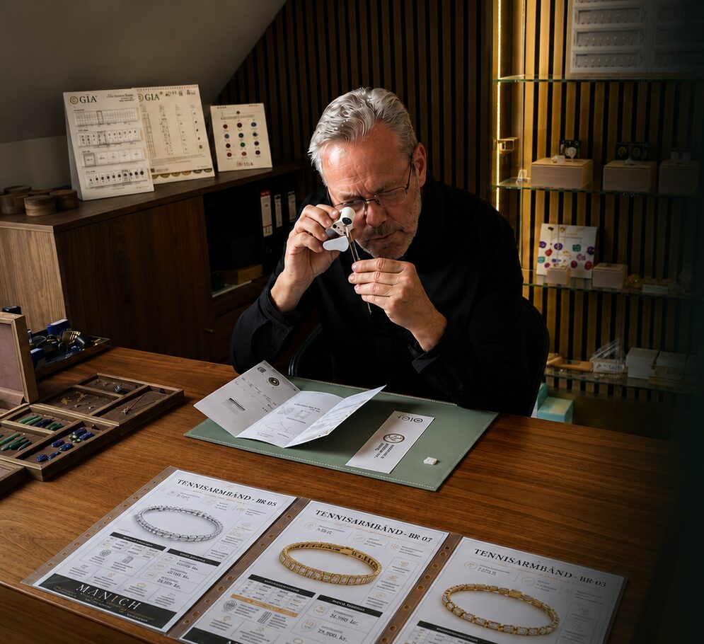 Erik Manich ved arbejdsbordet i MANICHs showroom med lup, diamantcertifikater og specifikationer på tennisarmbånd