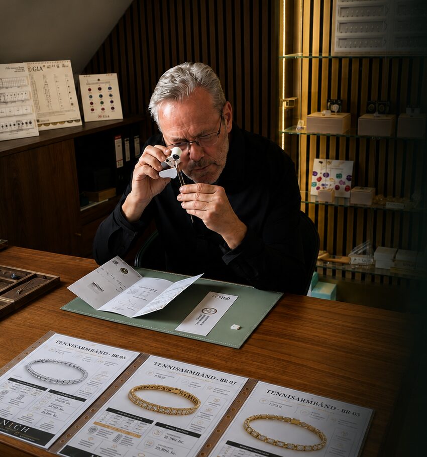 Juveler Erik Manich vurderer en diamant med lup ved bordet i MANICHs showroom, omgivet af GIA-materiale og tennisarmbåndstegninger