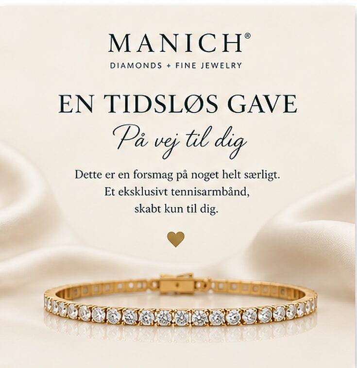 MANICH Gaveløftet – cremefarvet pamflet med teksten En tidsløs gave på vej til dig og et tennisarmbånd i guld