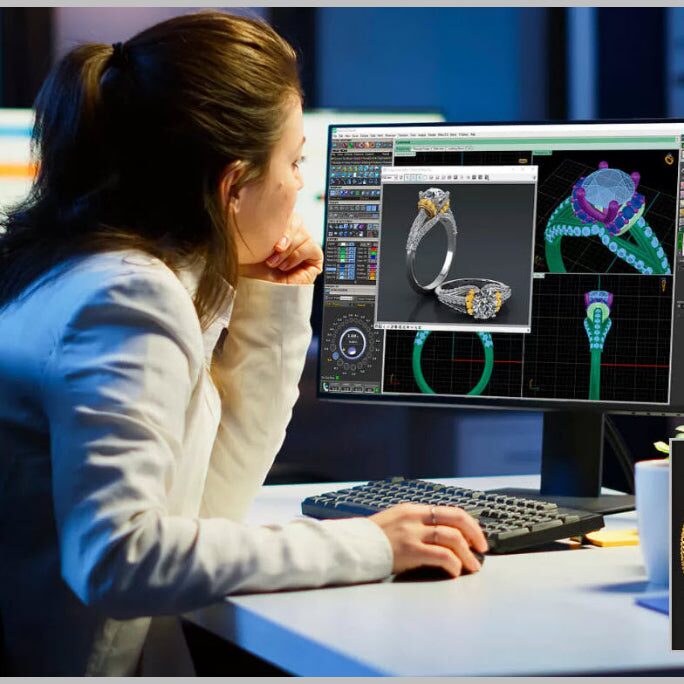 Smykkedesigner arbejder med 3D CAD-model af en ring på skærmen